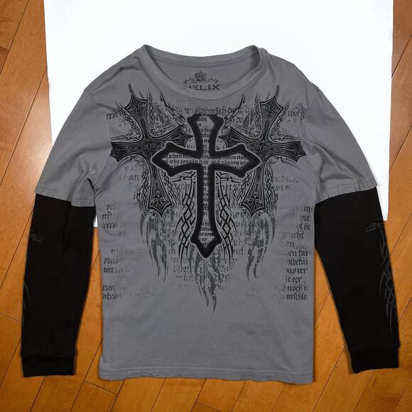 Y2K Helix Grunge Cross Long Sleeve Shirt Thermal Sleeves Cyber Affliction Style - Picture 2 of 16